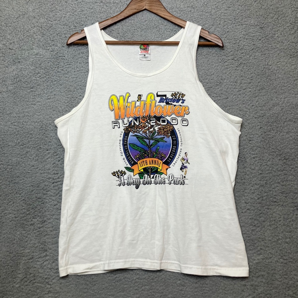 VTG Fruit of the Loom Running Tank Top L White Heavy Cotton Beach Wildflower Run
